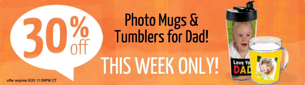 30 Percent off Photo Tumblers and Mugs with Free Shipping